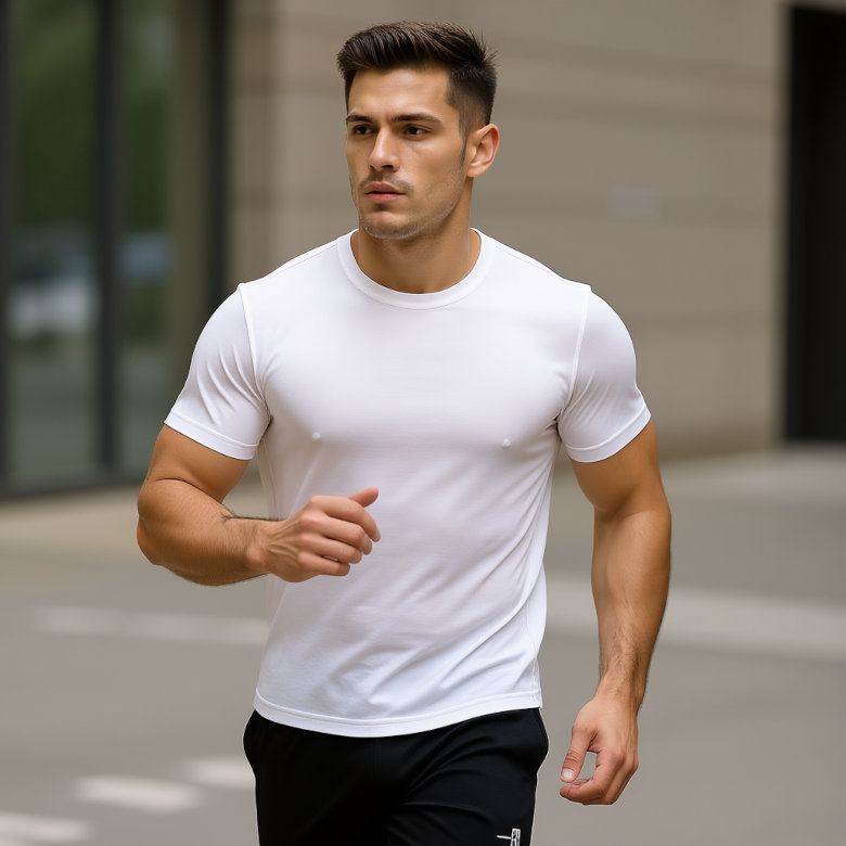 A pack of Fruit of the Loom men's t-shirts in various colors, showcasing the neat, tucked-in fit on a man