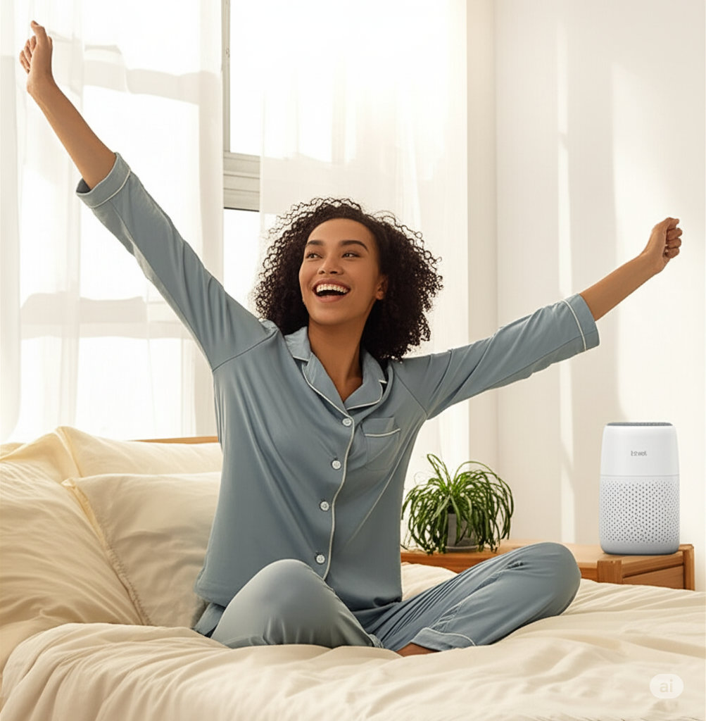 LEVOIT Core Mini air purifier in soft white on a nightstand beside a lamp and glass of water, with clean lines and glowing sleep mode light — modern bedroom setting