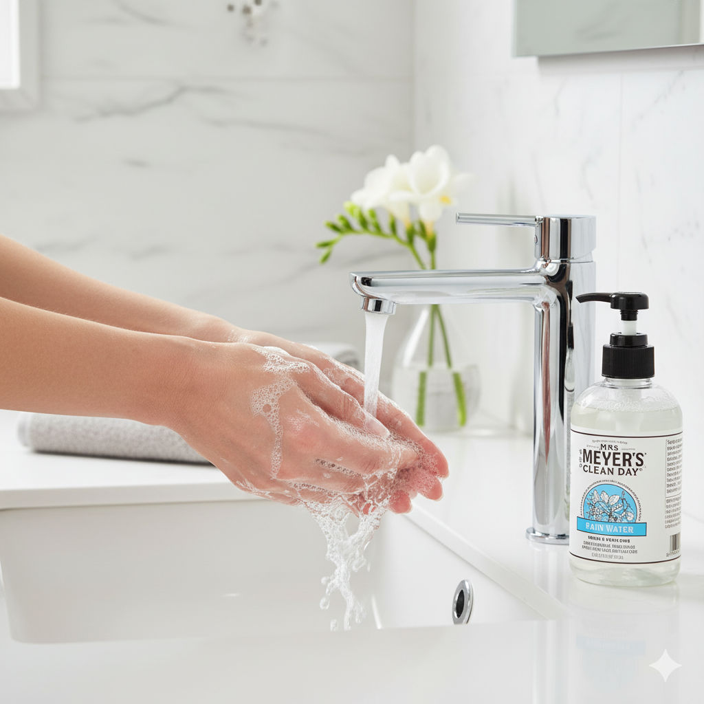 Mrs. Meyer’s Rain Water hand soap bottle on a white bathroom sink with water droplets and fresh green leaves nearby — clean, natural aesthetic