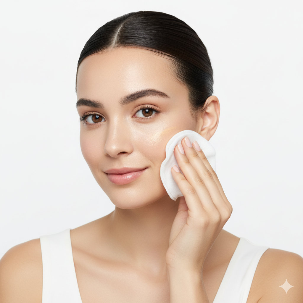 Neutrogena Makeup Cleansing Towelettes pack on a marble counter, one wipe pulled halfway out, with light makeup residue visible — clean, modern bathroom setting