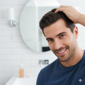 Nizoral Anti-Dandruff Shampoo bottle on a white bathroom counter beside a shower, with clean water droplets on the label — showing clinical design and freshness