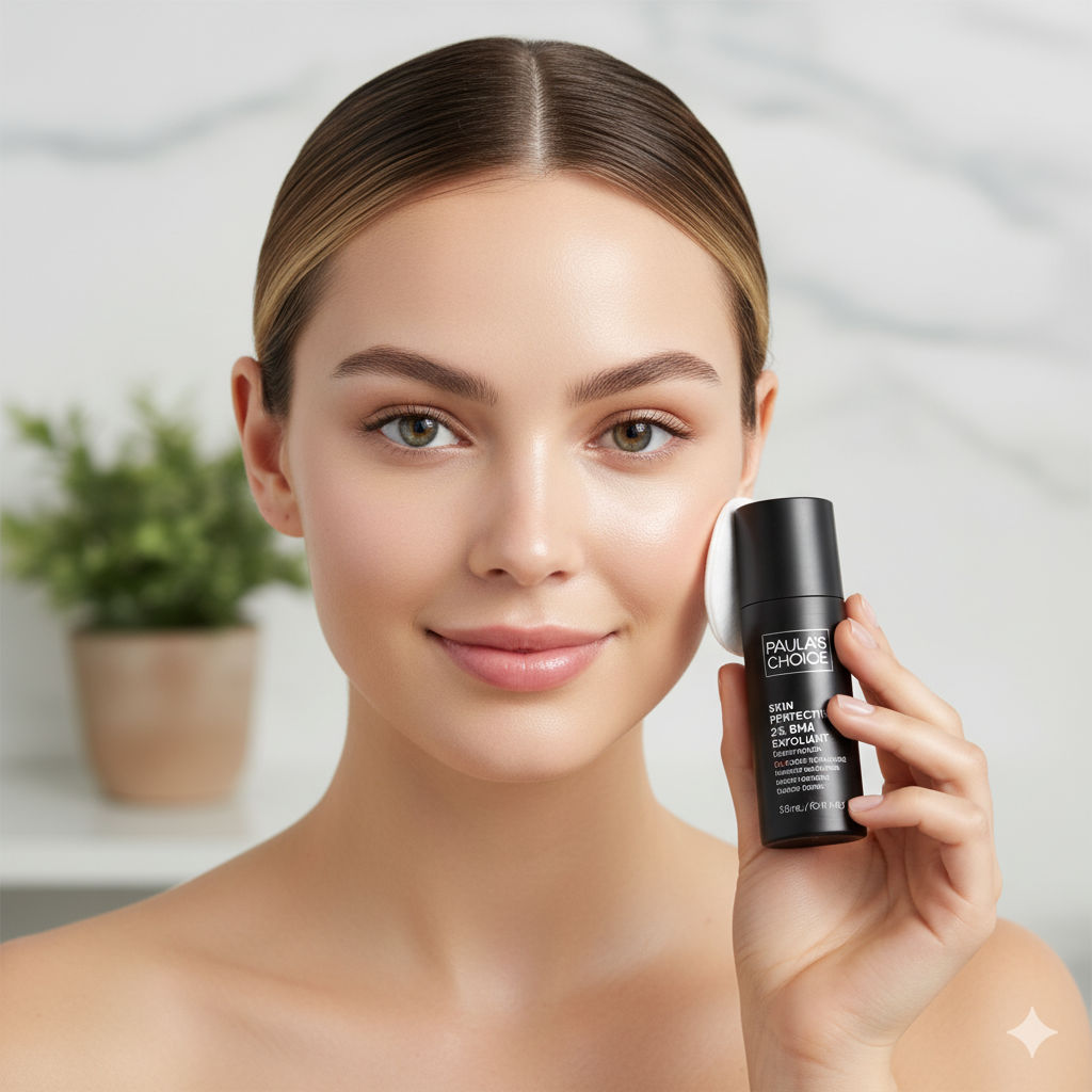 Paula’s Choice BHA Liquid Exfoliant bottle on a clean bathroom counter with a cotton pad and droplet of serum — minimalist, clinical aesthetic