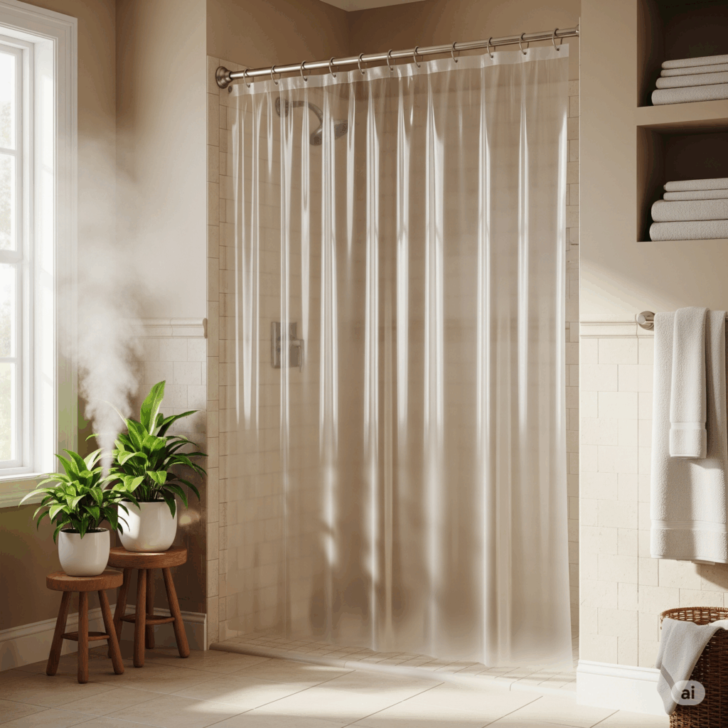 A close-up shot of a clear shower curtain liner with metal grommets and magnets, hanging in a modern bathroom