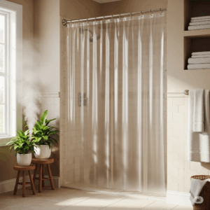 A close-up shot of a clear shower curtain liner with metal grommets and magnets, hanging in a modern bathroom