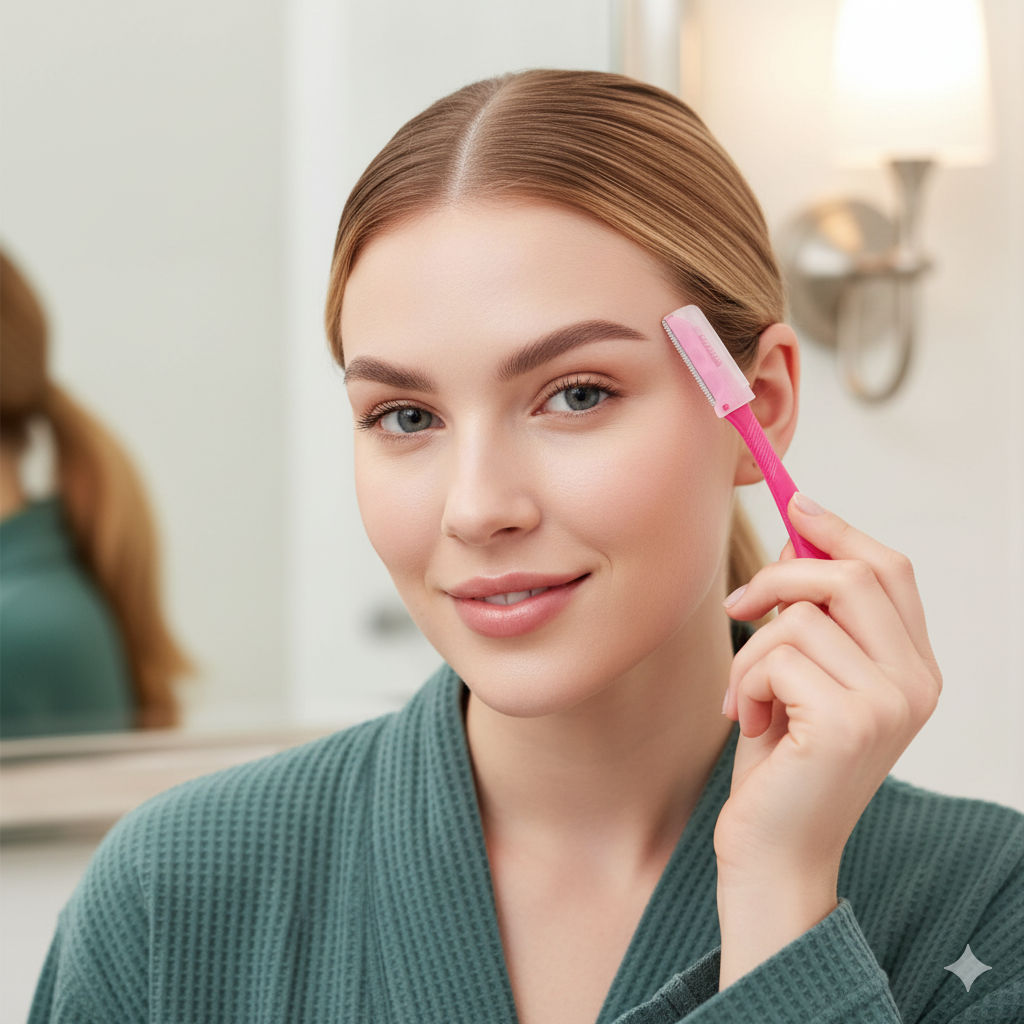 Schick Hydro Silk Touch-Up razor in hand, close-up of smooth skin and defined eyebrows — clean, natural lighting, beauty routine setting