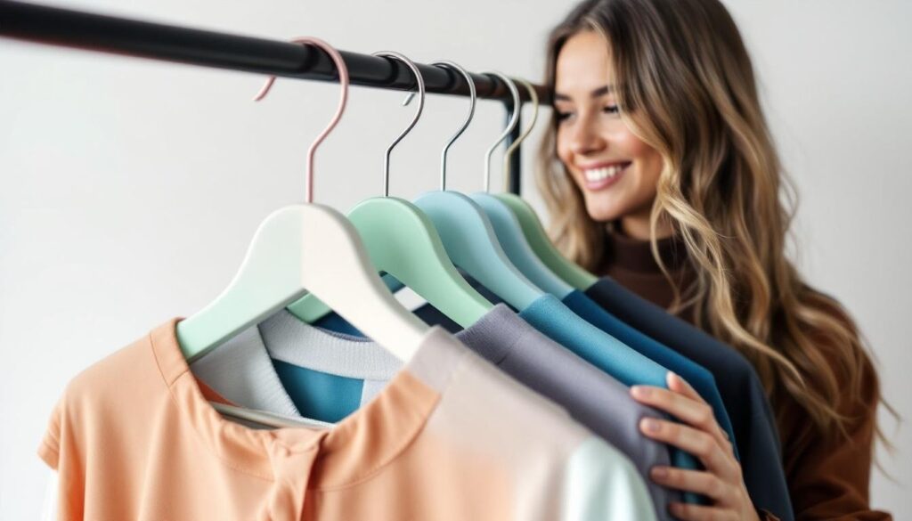 Neat row of Utopia Home plastic hangers on a closet rod, holding white button-up shirts and tank tops — showing non-slip texture and uniform shape