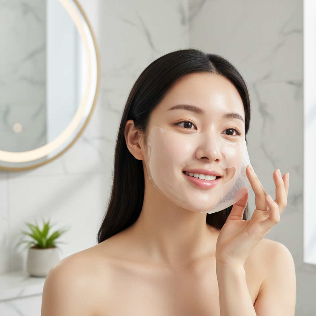 Biodance Bio-Collagen Real Deep Mask in a pink pouch, showing the product name and key benefits — anti-aging, firming, hydrating — on a clean background.