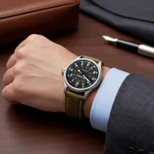 Bulova Hack 98A255 automatic mechanical watch with matte stainless steel case, black dial, red 24-hour numerals, and olive green genuine leather strap on wrist.