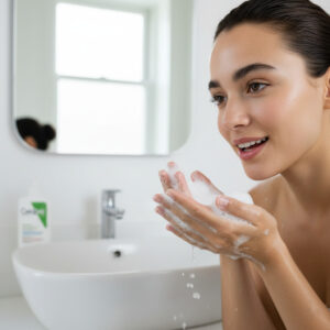 CeraVe Foaming Facial Cleanser bottle on bathroom counter with water droplets and natural light