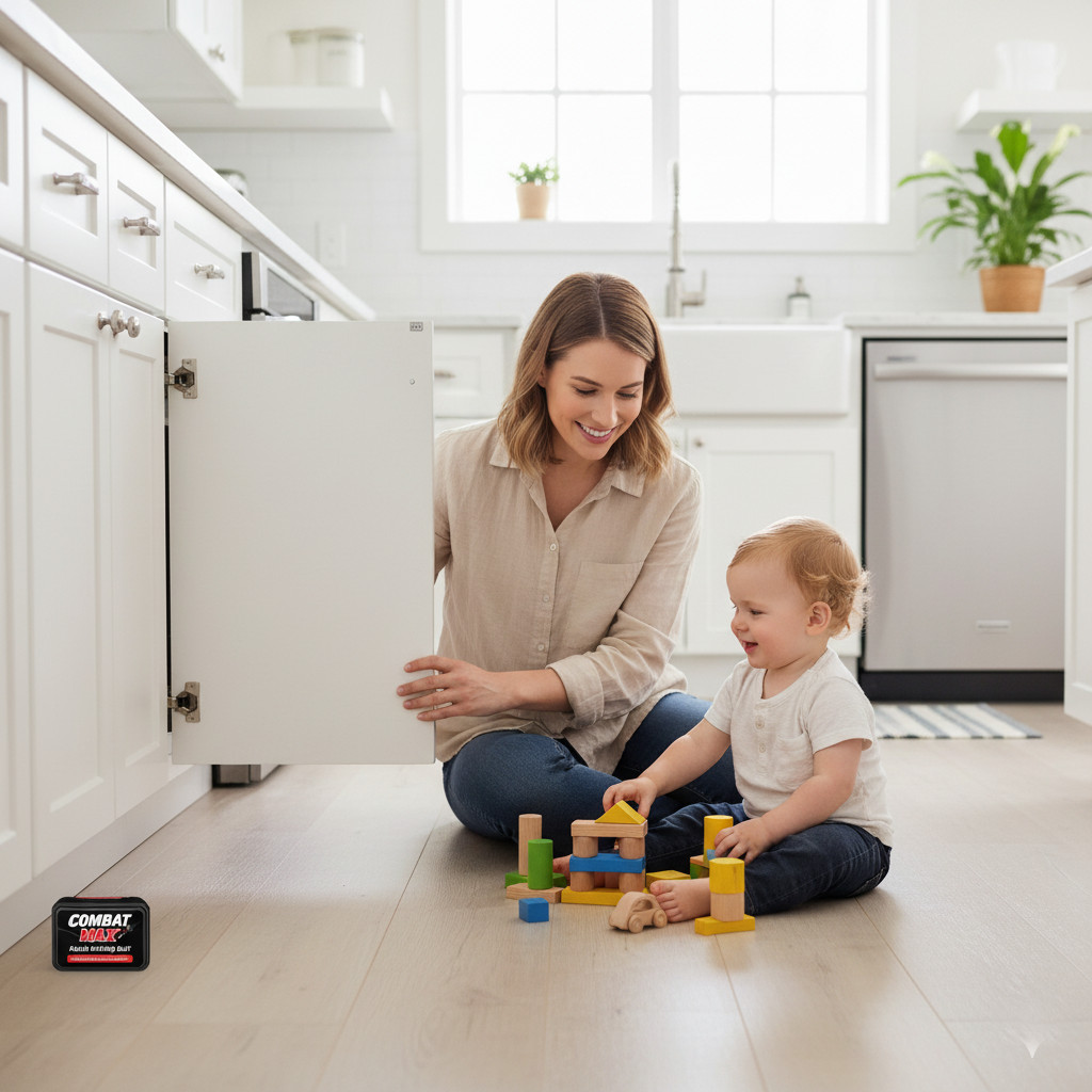 Child-resistant roach bait stations for kitchen use, effective against German and American roaches