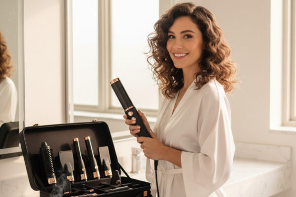 ELLA BELLA 6-in-1 hot air styler with curling and straightening brushes on vanity, professional hair tool
