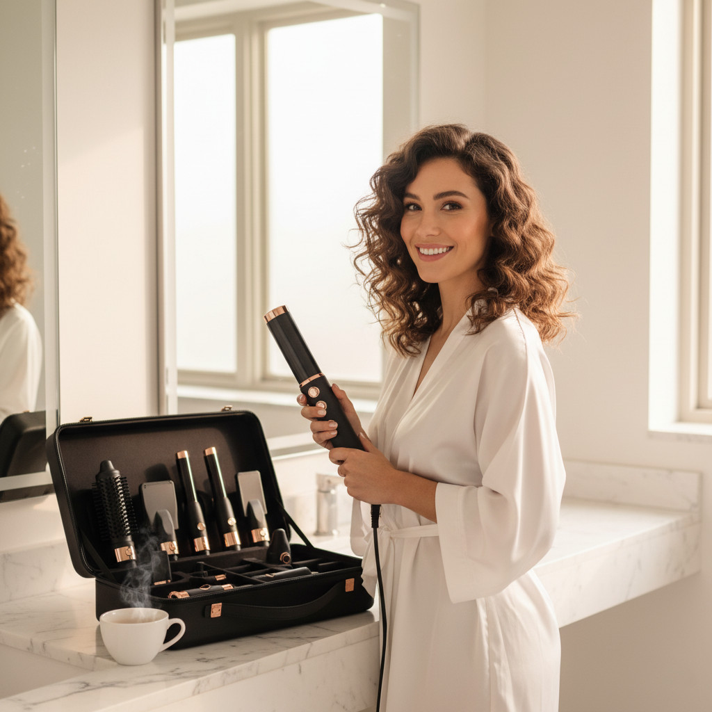 ELLA BELLA 6-in-1 hot air styler with curling and straightening brushes on vanity, professional hair tool