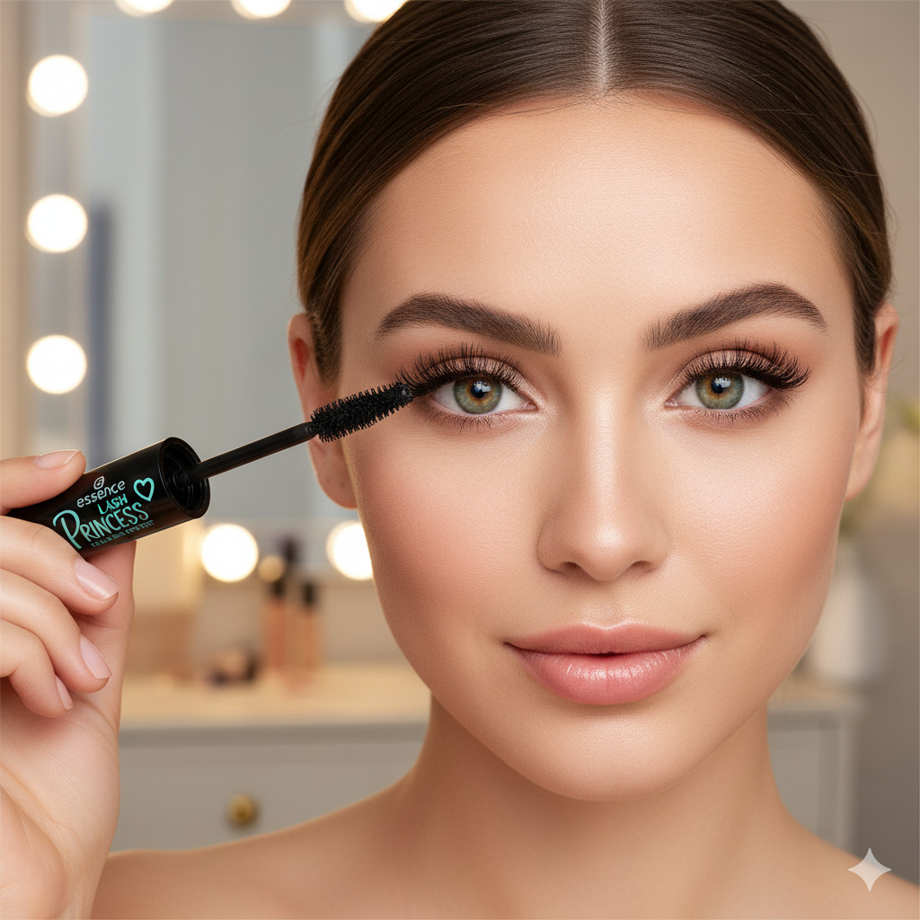essence Lash Princess Mascara tube standing upright with a close-up of curled, voluminous lashes beside it — clean, natural lighting