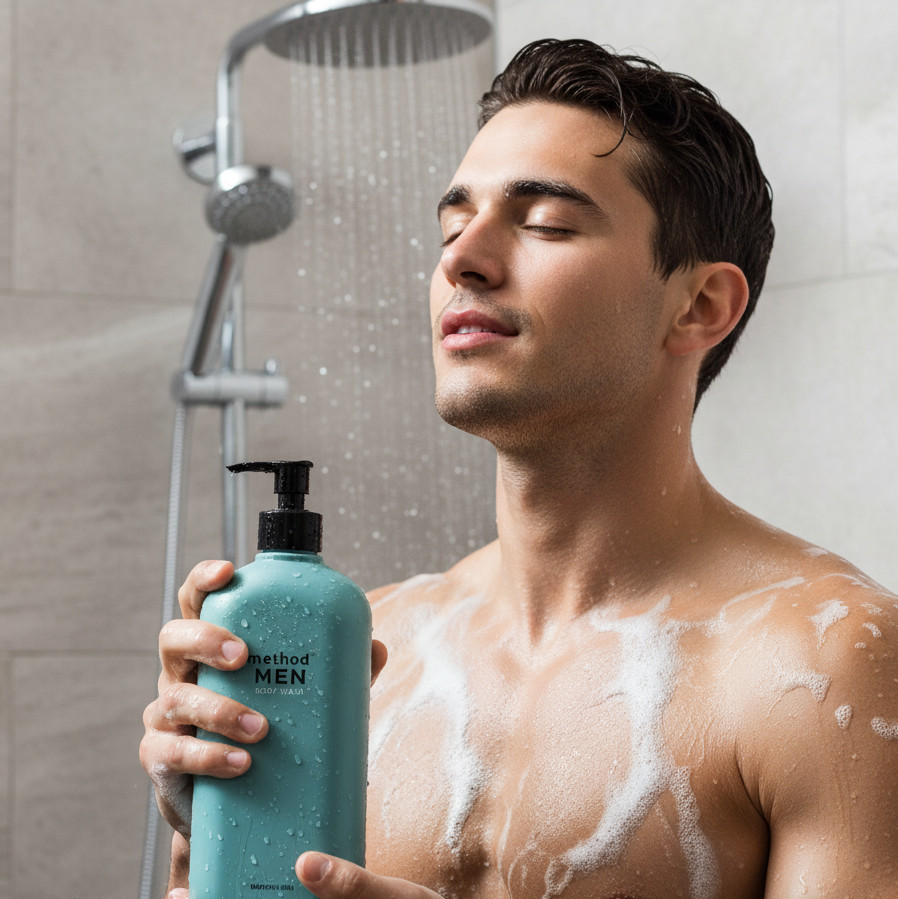 Method Men’s Body Wash, Sea + Surf scent, in a clear recyclable bottle with minimalist design, featuring plant-based formula and ECOLOGO certification