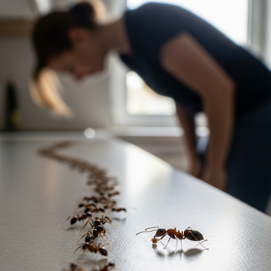 TERRO Liquid Ant Killer bottle and cardboard bait tiles displayed on a kitchen counter with ants nearby.