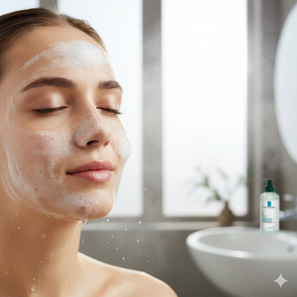 The white and blue bottle of La Roche-Posay Toleriane Purifying Foaming Cleanser next to diagrams of its dermatological ingredients.