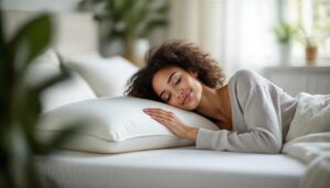 Utopia Bedding zippered mattress encasement being stretched over a queen mattress, showing elastic edges and zipper detail — clean, white fabric on a modern bed frame