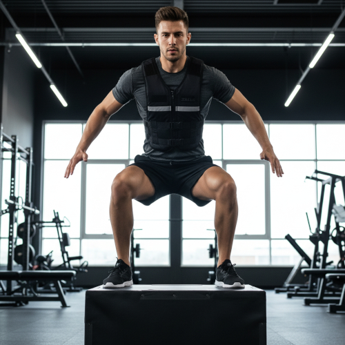 Black ZELUS 12 lb weighted vest with reflective strips worn during outdoor jogging, showing adjustable buckle straps and front storage pocket.